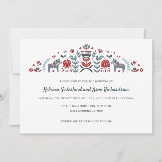 Scandinavische Folk Art Dala Horse Flower Wedding Kaart (Voorkant)