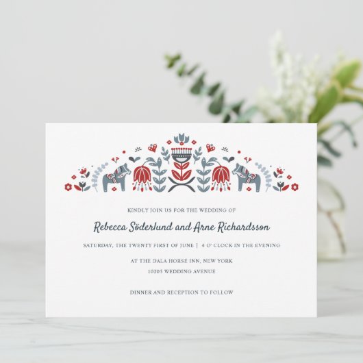 Scandinavische Folk Art Dala Horse Flower Wedding Kaart (Staand voorkant)