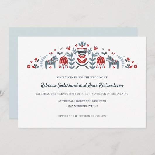 Scandinavische Folk Art Dala Horse Flower Wedding Kaart (Voorkant / Achterkant)