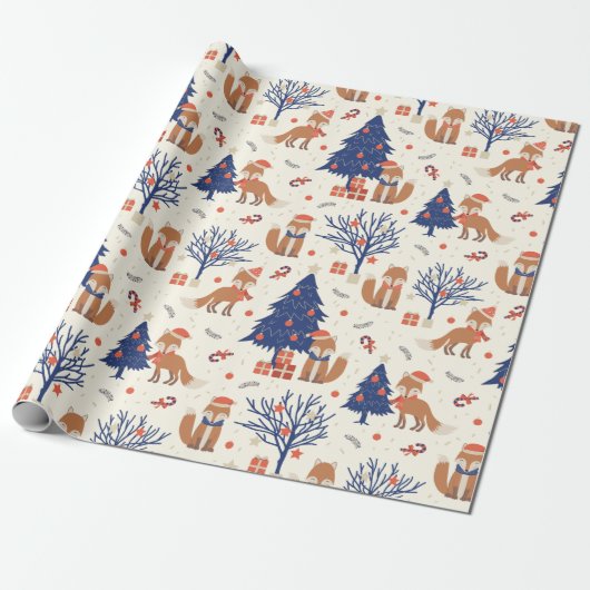Scandinavische Folk Art Fox in sneeuwkerstboom Cadeaupapier (Uitgerold)