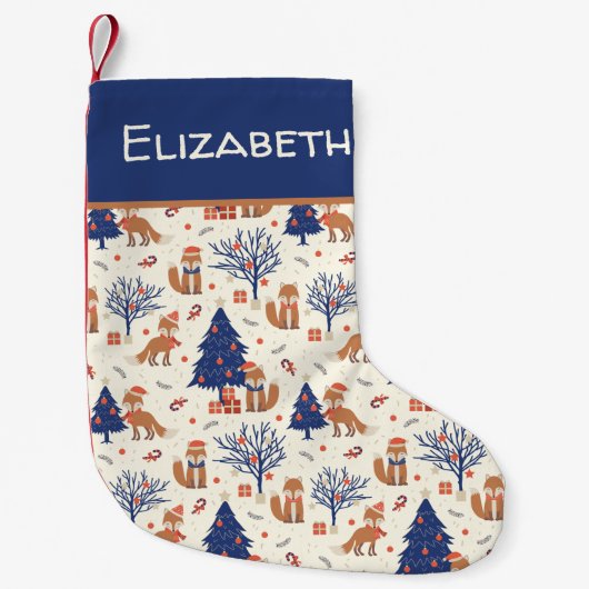 Scandinavische Folk Art Fox in sneeuwkerstboom Kleine Kerstsok (Voorkant)