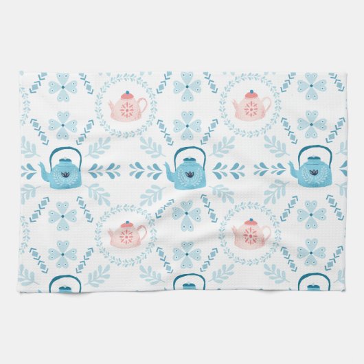 Scandinavische Folk art Hygge kerstcozy teapot Theedoek (Horizontaal)