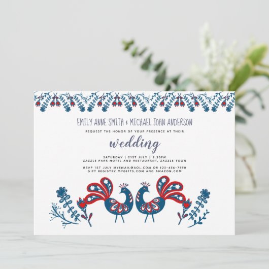 Scandinavische Folk Art TROUW Uitnodiging Vogels (Staand voorkant)