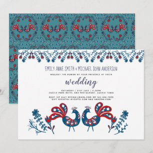 Scandinavische Folk Art WEDDING Invitation Birds Kaart