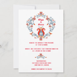 Scandinavische Folk Art Wedding Invitation Red/Blu Kaart