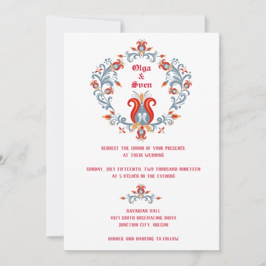 Scandinavische Folk Art Wedding Invitation Red/Blu Kaart (Voorkant)