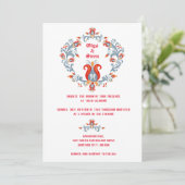 Scandinavische Folk Art Wedding Invitation Red/Blu Kaart (Staand voorkant)