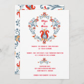 Scandinavische Folk Art Wedding Invitation Red/Blu Kaart (Voorkant / Achterkant)