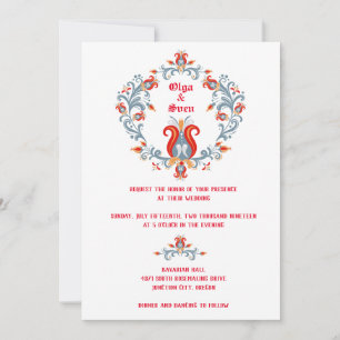 Scandinavische Folk Art Wedding Invitation Red/Blu Kaart