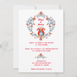 Scandinavische Folk Art Wedding Invitation Red/Blu Kaart