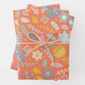 Scandinavische Folk Floral Pattern in Oranje Inpakpapier Vel (In situ)