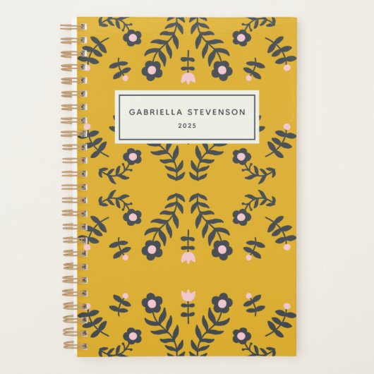 Scandinavische Folk Flower in Yellow Personalized Planner (Voorkant)