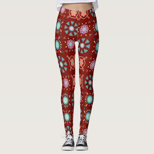 Scandinavische folk op schuur rood patroon leggings (Voorkant)