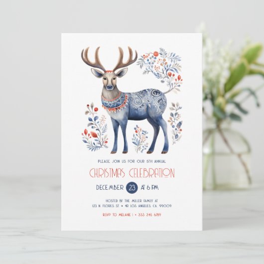 Scandinavische folk rendier kerstfeest uitnodigen kaart (Staand voorkant)