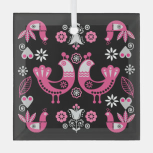 Scandinavische Folk Roze En Witte Vogels Glas Ornament