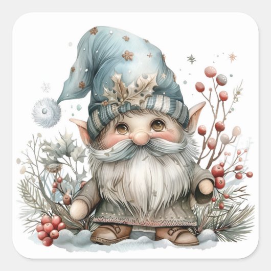 Scandinavische Gnome in Baby Blue Waterverf Vierkante Sticker (Voorkant)