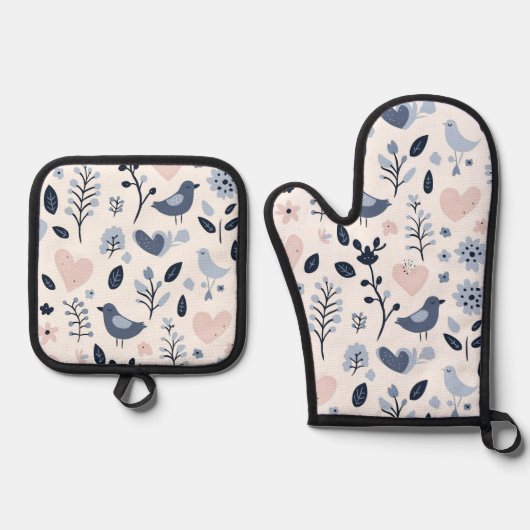 Scandinavische grillige vogels ovenwant & pannenlap set (Voorkant)