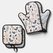 Scandinavische grillige vogels ovenwant & pannenlap set (Voorkant / Achterkant)