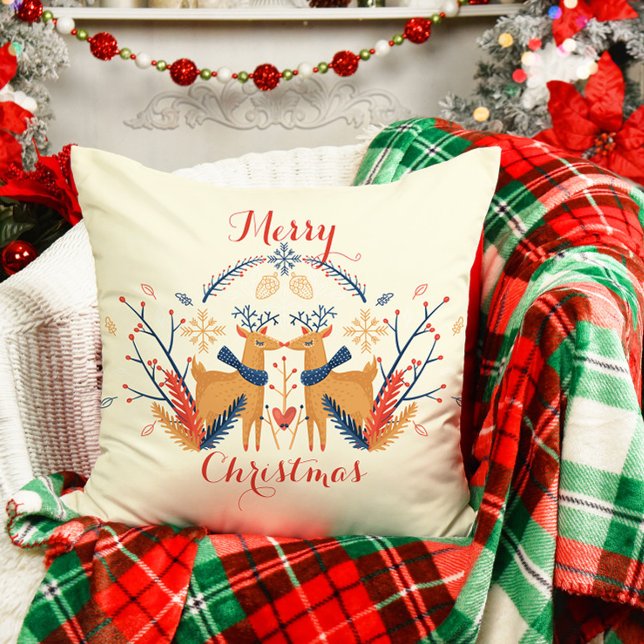 Scandinavische herten Nordic Merry Christmas Desig Kussen (Scandinavian Folk Woodland Deer Throw Pillow - Cream)