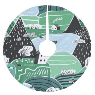 Scandinavische huizen, bomen, bergen illustratie kerstboom rok