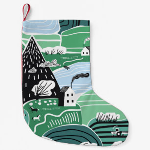 Scandinavische huizen, bomen, bergen illustratie kleine kerstsok