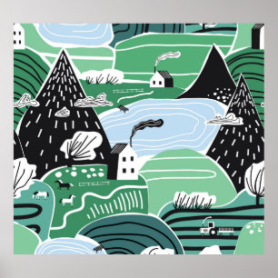 Scandinavische huizen, bomen, bergen illustratie poster