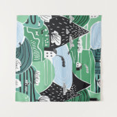 Scandinavische huizen, bomen, bergen illustratie wandkleed (Voorkant (horizontaal))