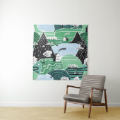 Scandinavische huizen, bomen, bergen illustratie wandkleed (In situ)