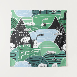 Scandinavische huizen, bomen, bergen illustratie wandkleed