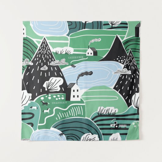 Scandinavische huizen, bomen, bergen illustratie wandkleed (Voorkant)