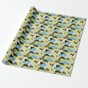 Scandinavische huizen, bomen, bergen patroon. cadeaupapier