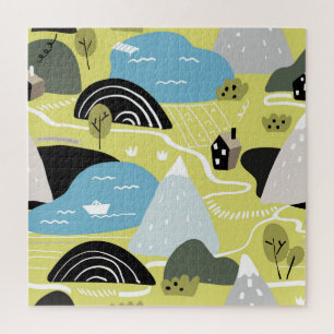 Scandinavische huizen, bomen, bergen patroon. legpuzzel