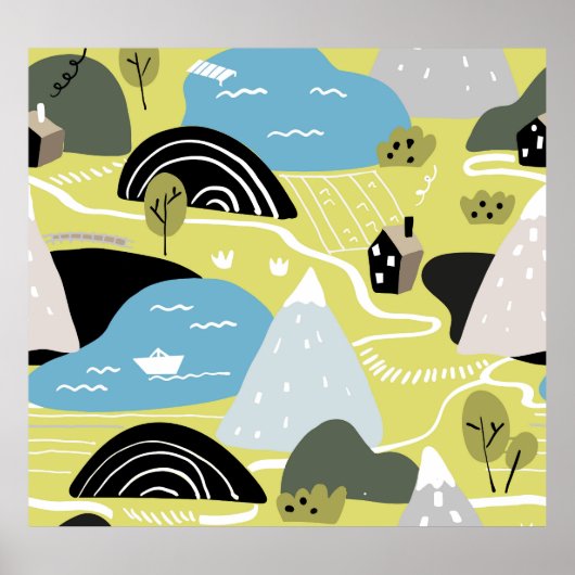 Scandinavische huizen, bomen, bergen patroon. poster (Voorkant)