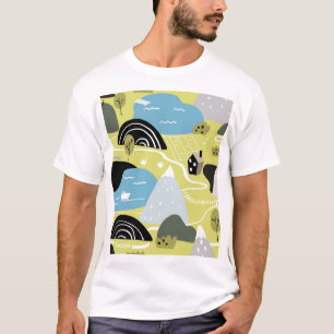 Scandinavische huizen, bomen, bergen patroon. t-shirt