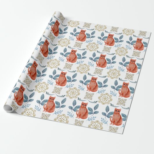 Scandinavische kat en caleidoscoop patroon cadeaupapier (Uitgerold)