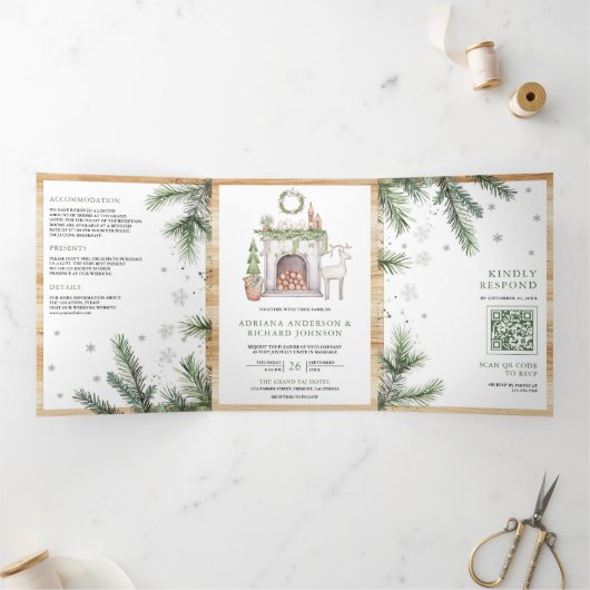 Scandinavische kerst alles in één QR-code bruiloft Drieluik Uitnodiging (Binnen)