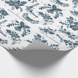 Scandinavische Kerst Folklore Kunst Bloem Blauw Wi Cadeaupapier