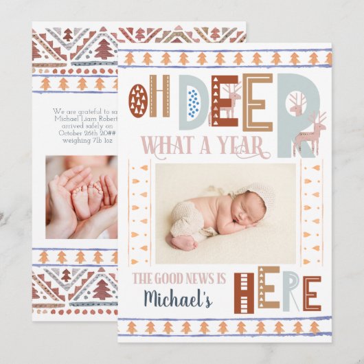 Scandinavische kerstbomen Boho 3 Foto Holiday Birt Aankondiging (Voorkant / Achterkant)