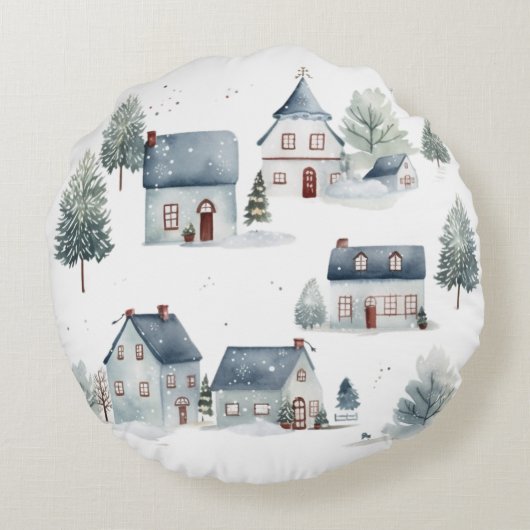 Scandinavische kerstdecoratie Waterverf huizen Rond Kussen (Achterkant)