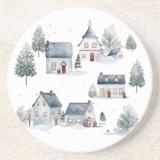 Scandinavische kerstdecoratie Waterverf huizen Zandsteen Onderzetter (Voorkant)