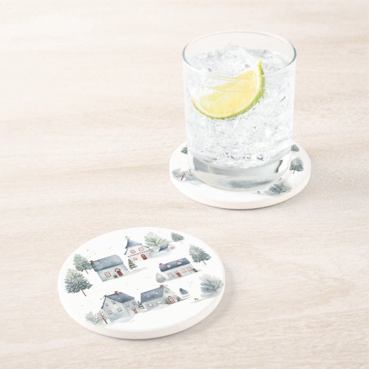 Scandinavische kerstdecoratie Waterverf huizen Zandsteen Onderzetter (Zijkant)