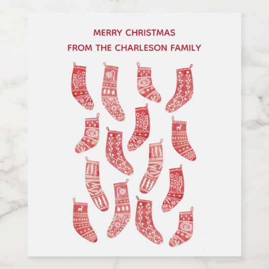 Scandinavische kerstgerechten Rood en Wit Patroon Wijn Etiket (Enkel label)