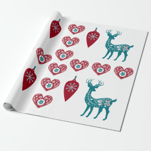 Scandinavische kerstharten Reindeer Red Baubles Cadeaupapier