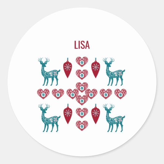 Scandinavische kerstharten Reindeer Red Baubles Ronde Sticker (Voorkant)