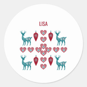 Scandinavische kerstharten Reindeer Red Baubles Ronde Sticker