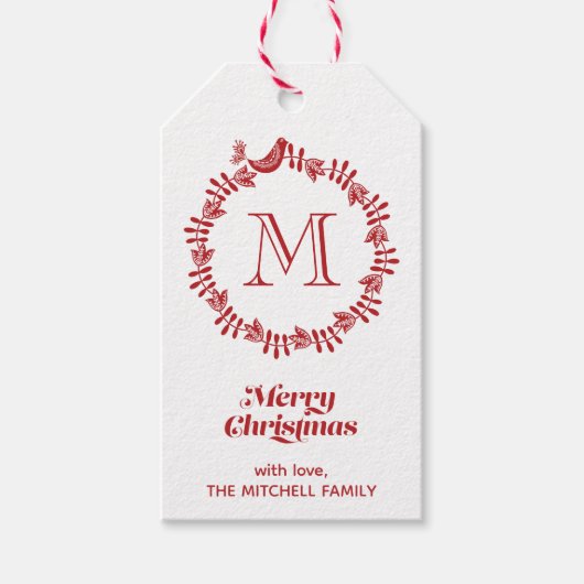 Scandinavische kerstmis met kerstmis, monogrammen cadeaulabel (Voorkant)