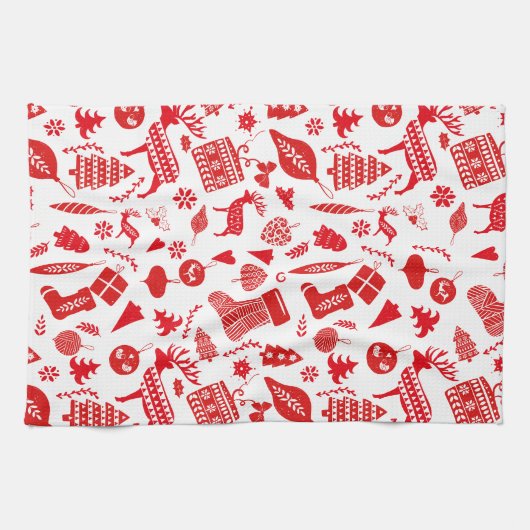 Scandinavische kerstrode witte feestjes theedoek (Horizontaal)