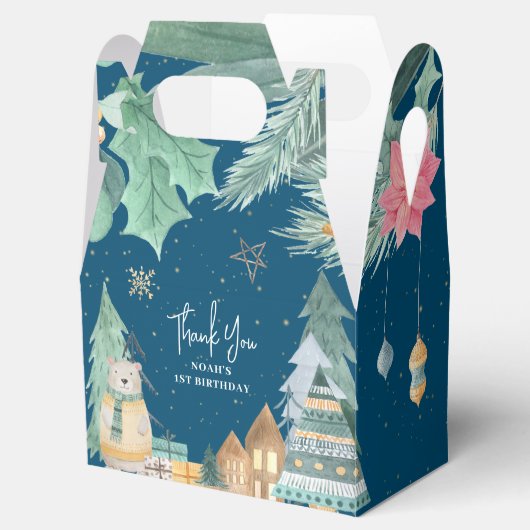 Scandinavische kerstwinter 1e verjaardag bedankdoosjes (Geopend)