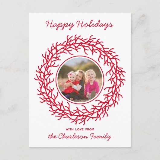 Scandinavische krans foto rood en wit feestdagenkaart (Voorkant)