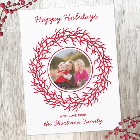 Scandinavische krans foto rood en wit feestdagenkaart